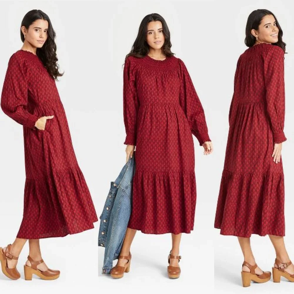 Universal Thread Womens M Red Tiered Dress Balloon Long Sleeve Smocked Neck Maxi - Picture 10 of 10